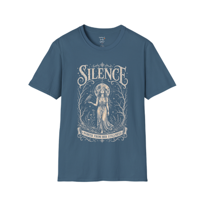 Standing woman with crow and full moon in bare winter forest engraving design — Dark Sacred Stillness collection by Ramro Yoga Wear in Indigo Blue