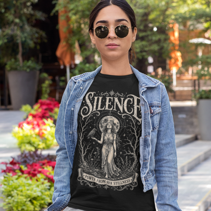 Woman wearing Silence black sacred meditation shirt in the city — Dark Sacred Stillness collection by Ramro Yoga Wear