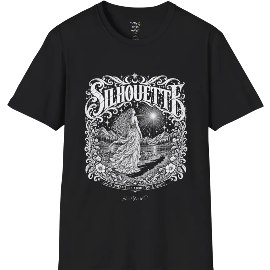 A short sleeved tee called the Silhouette T-Shirt, flat lay and a Gildan 64000 shirt on a white background. Simply says, Light Doesn't Lie About Your Shape. Design highlights a long-haired figure in a flowing gown gazing at a radiating star, framed by ornate florals, mountains and a lake, with the figure's cast shadow on the path. Color is Black.