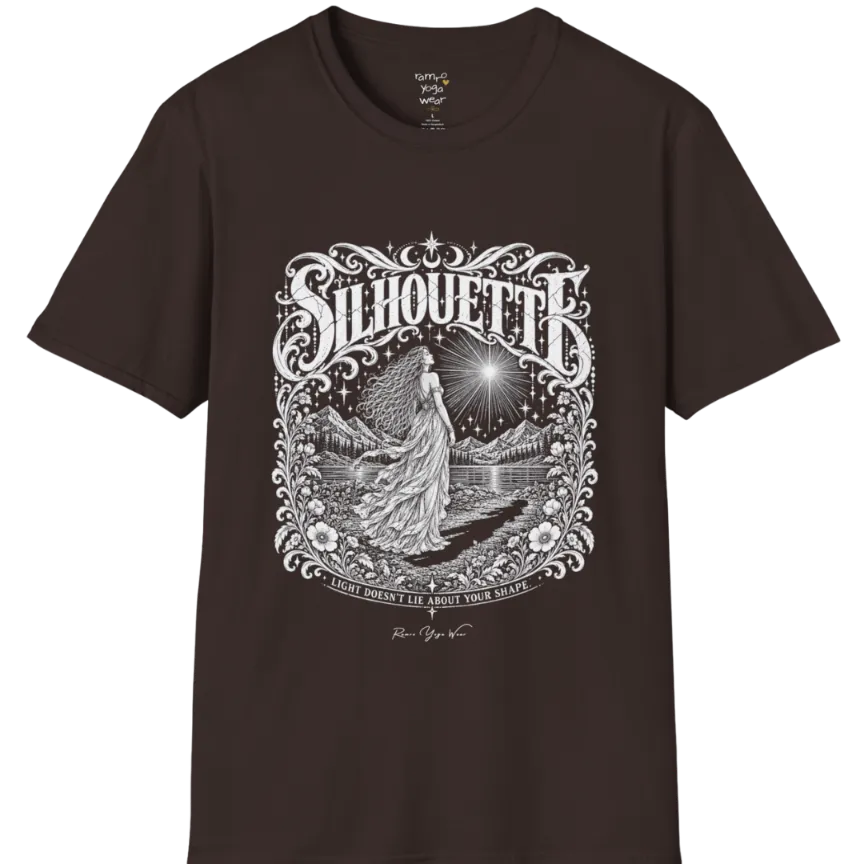 A short sleeved tee called the Silhouette T-Shirt, flat lay and a Gildan 64000 shirt on a white background. Simply says, Light Doesn't Lie About Your Shape. Design highlights a long-haired figure in a flowing gown gazing at a radiating star, framed by ornate florals, mountains and a lake, with the figure's cast shadow on the path. Color is Dark Chocolate.