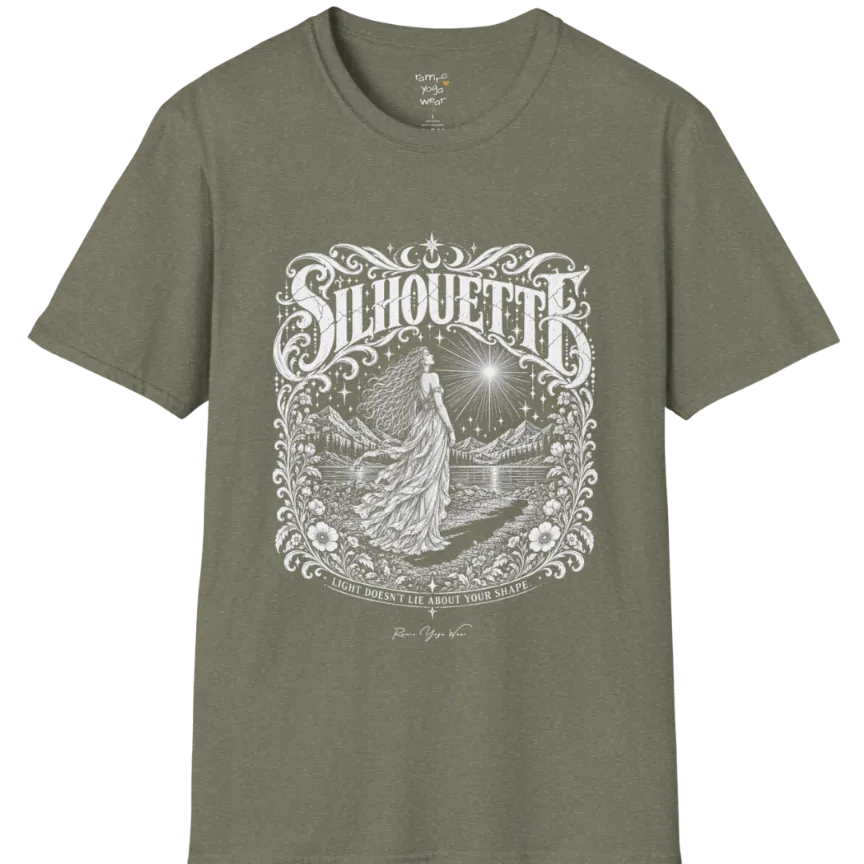 A short sleeved tee called the Silhouette T-Shirt, flat lay and a Gildan 64000 shirt on a white background. Simply says, Light Doesn't Lie About Your Shape. Design highlights a long-haired figure in a flowing gown gazing at a radiating star, framed by ornate florals, mountains and a lake, with the figure's cast shadow on the path. Color is Heather Military Green.