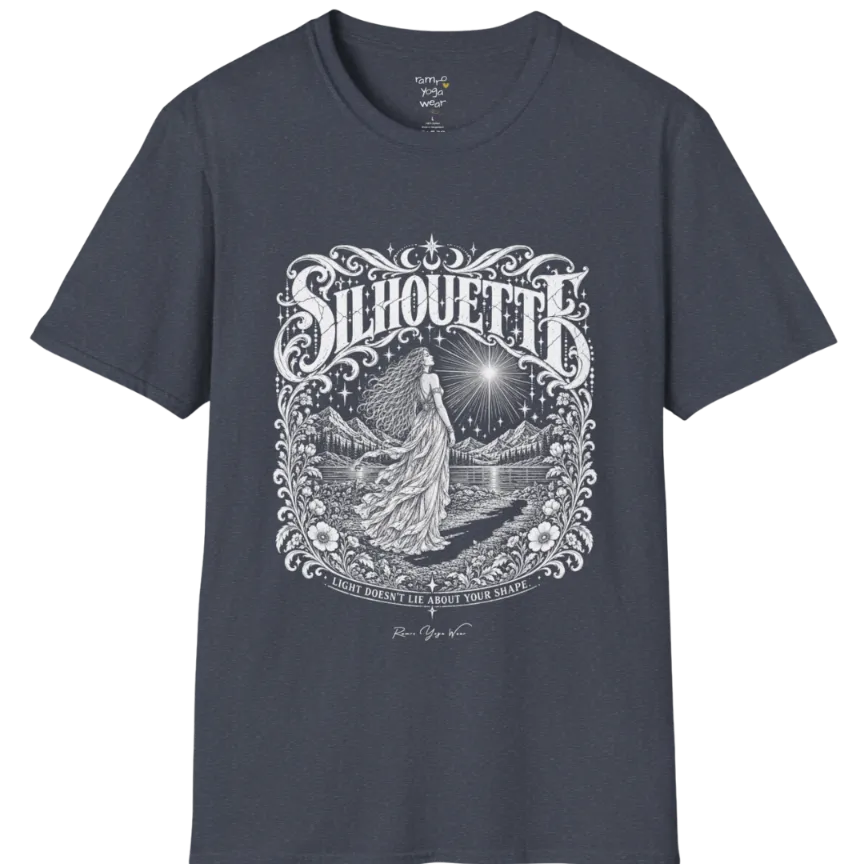 A short sleeved tee called the Silhouette T-Shirt, flat lay and a Gildan 64000 shirt on a white background. Simply says, Light Doesn't Lie About Your Shape. Design highlights a long-haired figure in a flowing gown gazing at a radiating star, framed by ornate florals, mountains and a lake, with the figure's cast shadow on the path. Color is Heather Navy.