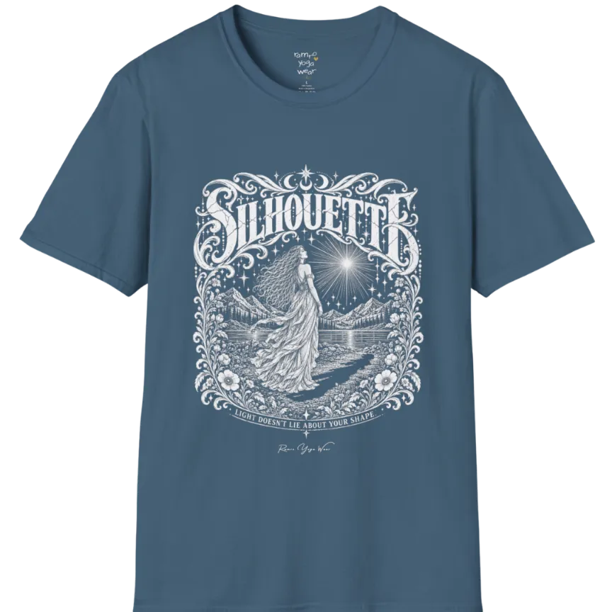 A short sleeved tee called the Silhouette T-Shirt, flat lay and a Gildan 64000 shirt on a white background. Simply says, Light Doesn't Lie About Your Shape. Design highlights a long-haired figure in a flowing gown gazing at a radiating star, framed by ornate florals, mountains and a lake, with the figure's cast shadow on the path. Color is Indigo Blue.