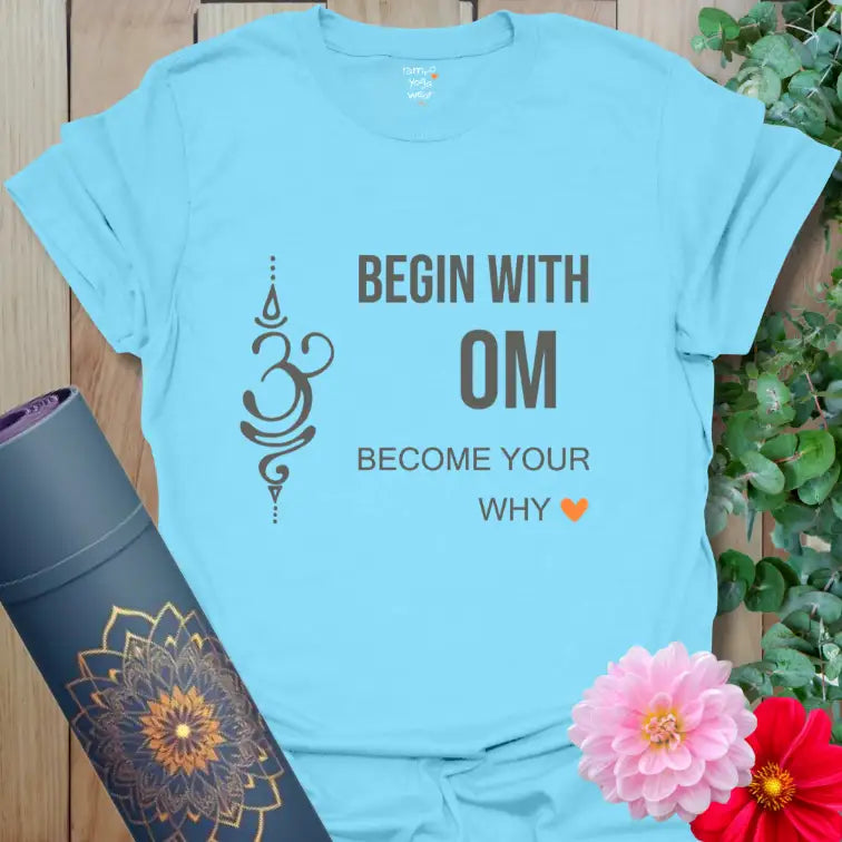 Light sky yoga T-shirt with Om symbol and calm soft brown typography.