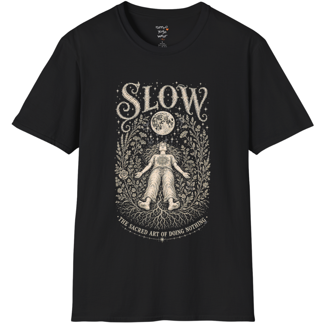 Woman in Savasana with botanical frame and full moon engraving design — Sacred Thread collection by Ramro Yoga Wear