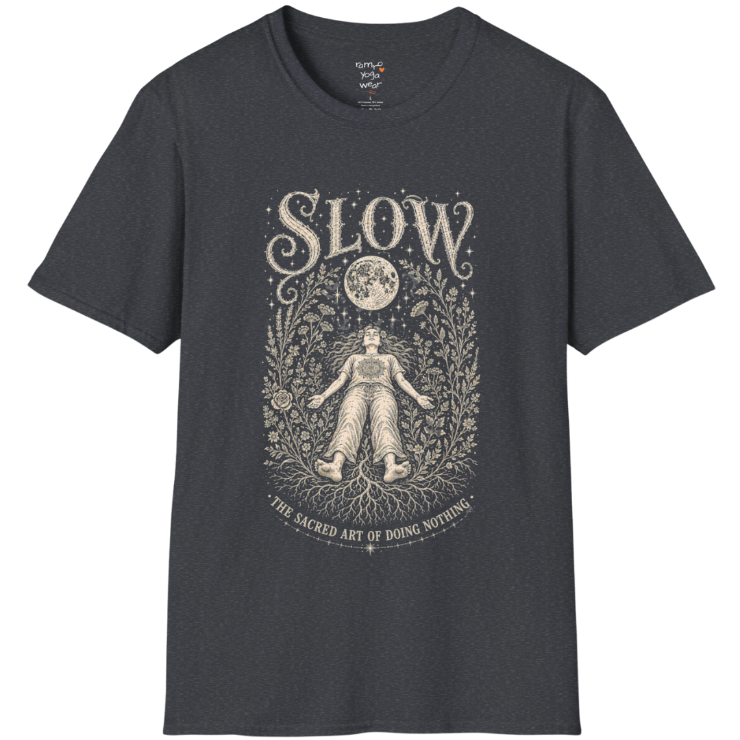 Woman in Savasana with botanical frame and full moon engraving design — Sacred Thread collection by Ramro Yoga Wear