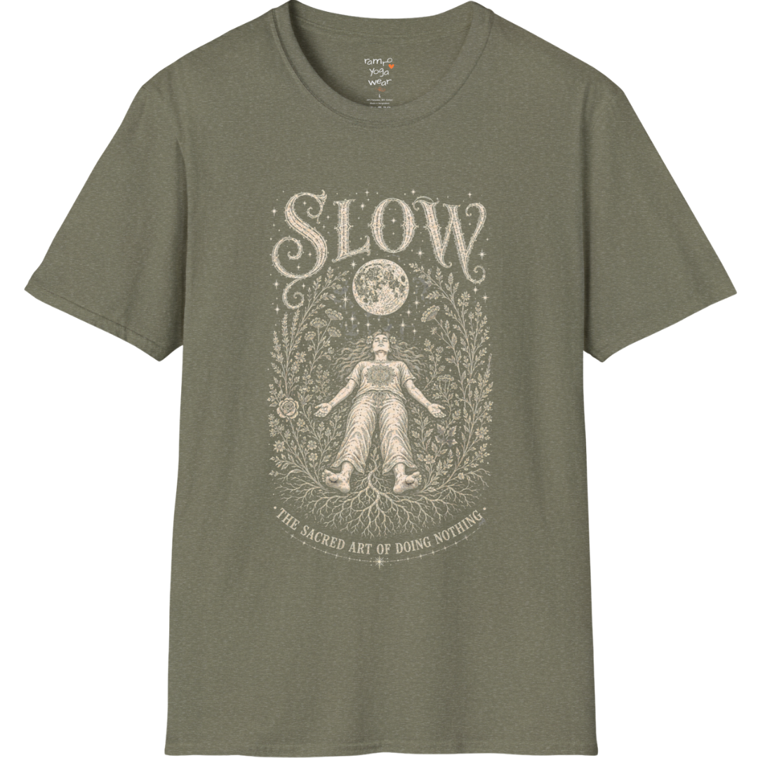 Woman in Savasana with botanical frame and full moon engraving design — Sacred Thread collection by Ramro Yoga Wear