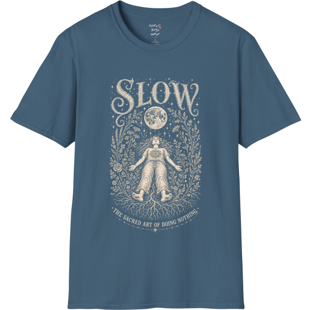 Woman in Savasana with botanical frame and full moon engraving design — Sacred Thread collection by Ramro Yoga Wear