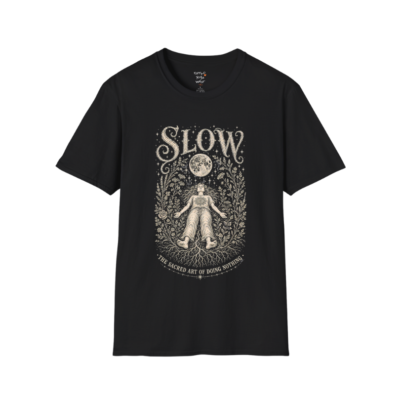Woman in Savasana with botanical frame and full moon engraving design — Sacred Thread collection by Ramro Yoga Wear