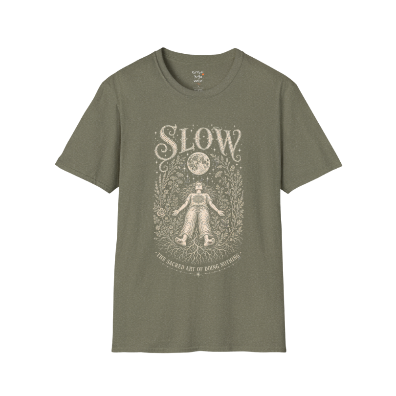Woman in Savasana with botanical frame and full moon engraving design — Sacred Thread collection by Ramro Yoga Wear