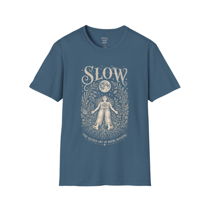 Woman in Savasana with botanical frame and full moon engraving design — Sacred Thread collection by Ramro Yoga Wear