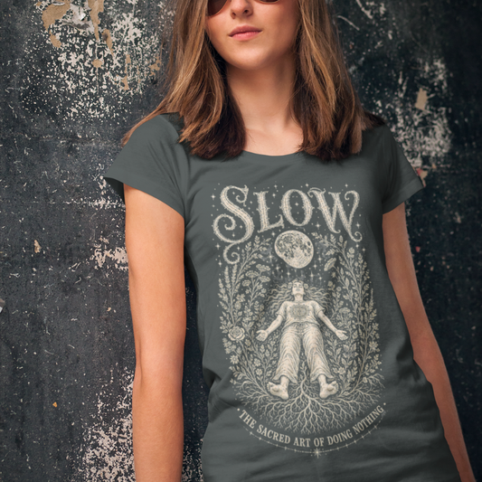 Woman wearing Slow dark heather grey sacred yoga shirt against an urban wall — Sacred Thread collection by Ramro Yoga Wear