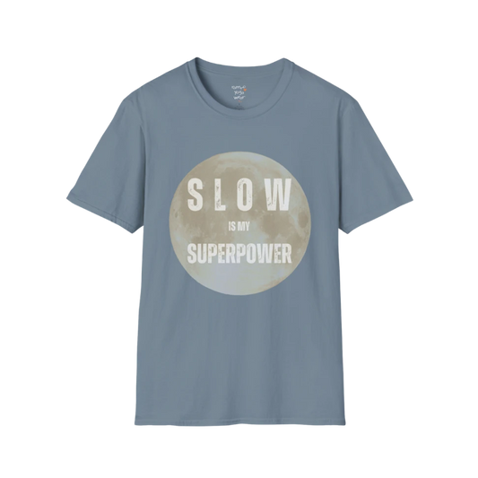 Stone Blue Slow T-Shirt with soft moon graphic and vintage textured typography.