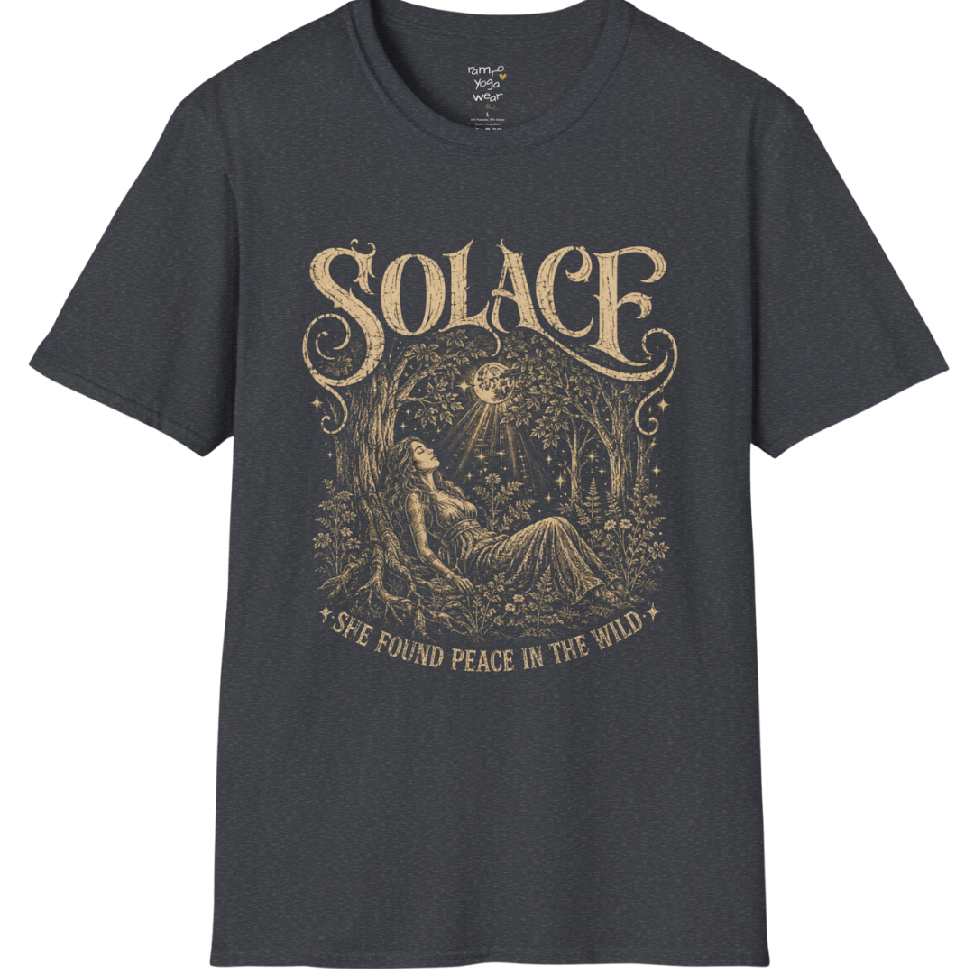 Person resting beneath a forest canopy with moonlight rays and botanical detail — Wild Devotion collection by Ramro Yoga Wear in Dark Heather Grey