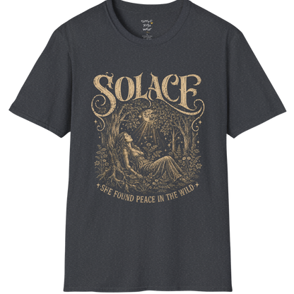 Person resting beneath a forest canopy with moonlight rays and botanical detail — Wild Devotion collection by Ramro Yoga Wear in Dark Heather Grey