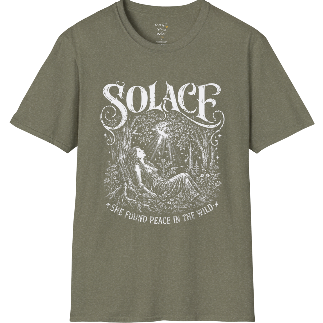 Person resting beneath a forest canopy with moonlight rays and botanical detail — Wild Devotion collection by Ramro Yoga Wear in Heather Military Green