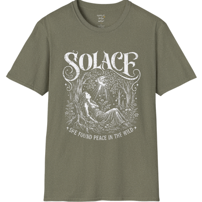 Person resting beneath a forest canopy with moonlight rays and botanical detail — Wild Devotion collection by Ramro Yoga Wear in Heather Military Green