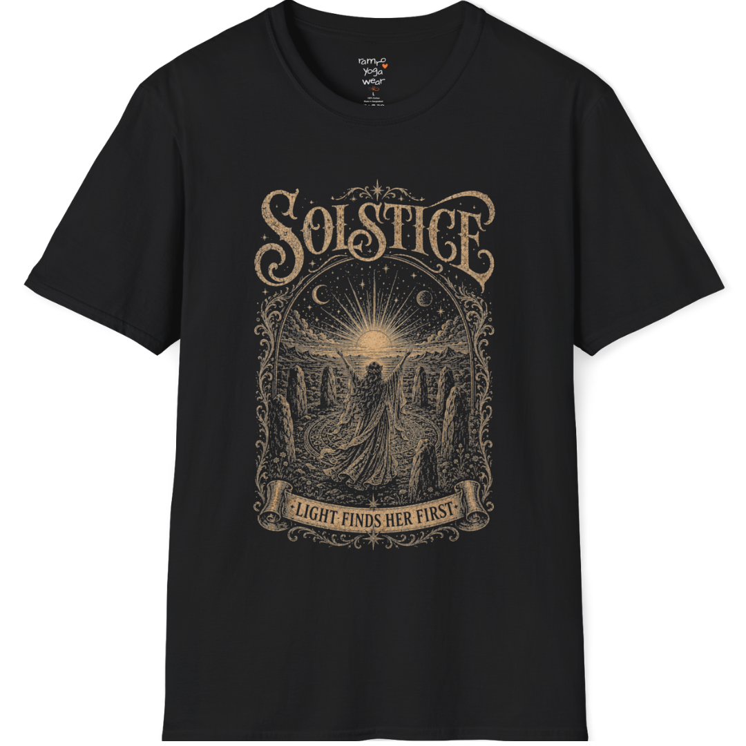 Woman in stone circle arms raised at sunrise engraving design — Sacred Thread collection by Ramro Yoga Wear — Black