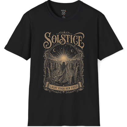 Woman in stone circle arms raised at sunrise engraving design — Sacred Thread collection by Ramro Yoga Wear — Black