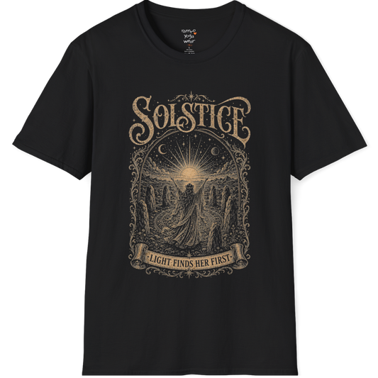 Woman in stone circle arms raised at sunrise engraving design — Sacred Thread collection by Ramro Yoga Wear — Black