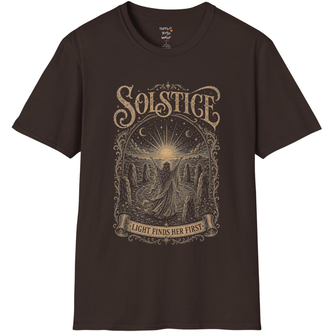 Woman in stone circle arms raised at sunrise engraving design — Sacred Thread collection by Ramro Yoga Wear — Dark Chocolate