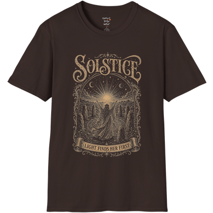 Woman in stone circle arms raised at sunrise engraving design — Sacred Thread collection by Ramro Yoga Wear — Dark Chocolate