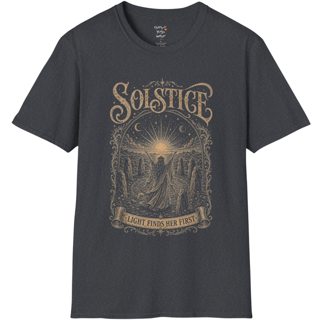 Woman in stone circle arms raised at sunrise engraving design — Sacred Thread collection by Ramro Yoga Wear — Dark Heather Grey