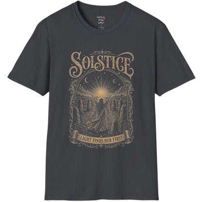 Woman in stone circle arms raised at sunrise engraving design — Sacred Thread collection by Ramro Yoga Wear — Dark Heather Grey