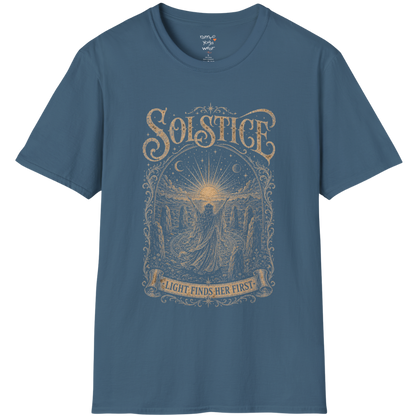 Woman in stone circle arms raised at sunrise engraving design — Sacred Thread collection by Ramro Yoga Wear — Indigo Blue