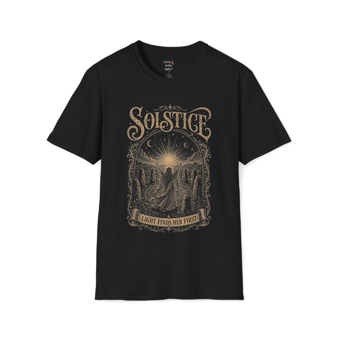 Woman in stone circle arms raised at sunrise engraving design — Sacred Thread collection by Ramro Yoga Wear — Black