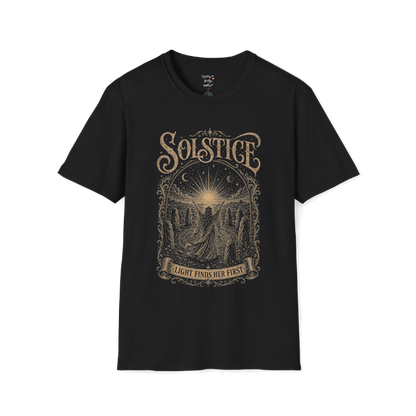 Woman in stone circle arms raised at sunrise engraving design — Sacred Thread collection by Ramro Yoga Wear — Black
