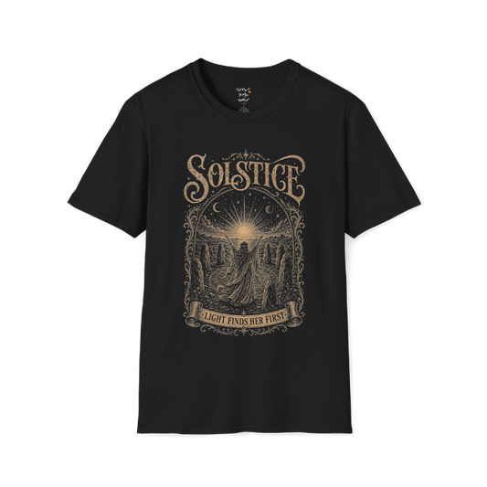 Woman in stone circle arms raised at sunrise engraving design — Sacred Thread collection by Ramro Yoga Wear — Black