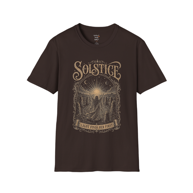 Woman in stone circle arms raised at sunrise engraving design — Sacred Thread collection by Ramro Yoga Wear — Dark Chocolate