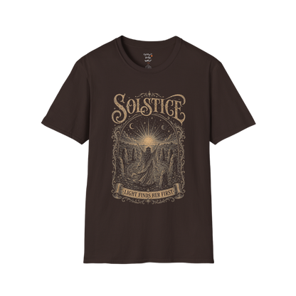 Woman in stone circle arms raised at sunrise engraving design — Sacred Thread collection by Ramro Yoga Wear — Dark Chocolate