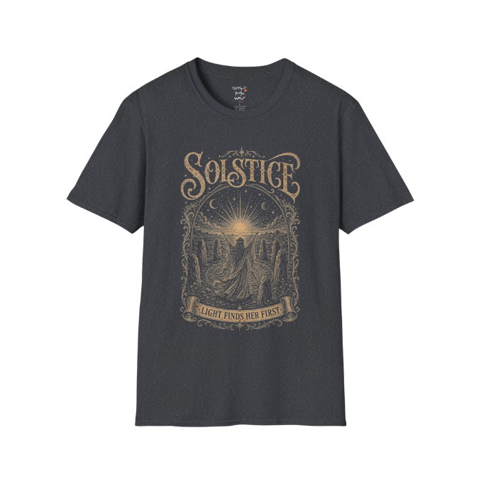 Woman in stone circle arms raised at sunrise engraving design — Sacred Thread collection by Ramro Yoga Wear — Dark Heather Grey