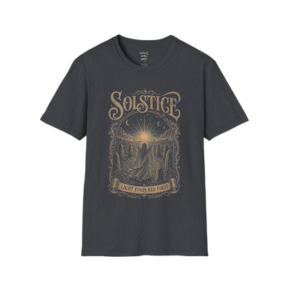 Woman in stone circle arms raised at sunrise engraving design — Sacred Thread collection by Ramro Yoga Wear — Dark Heather Grey