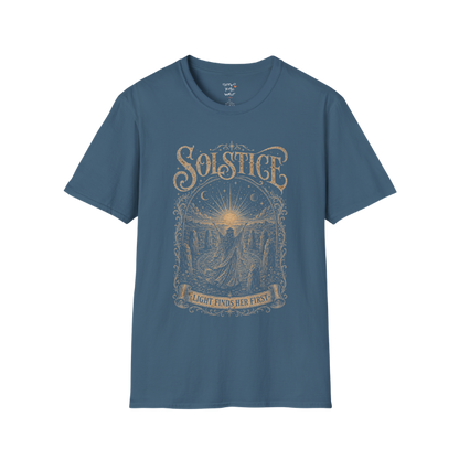 Woman in stone circle arms raised at sunrise engraving design — Sacred Thread collection by Ramro Yoga Wear — Indigo Blue