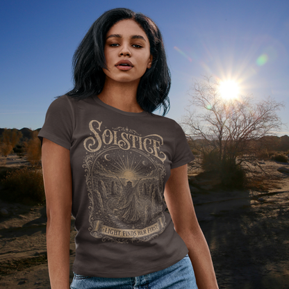 Woman wearing Solstice dark chocolate sacred yoga shirt outdoors — Sacred Thread collection by Ramro Yoga Wear