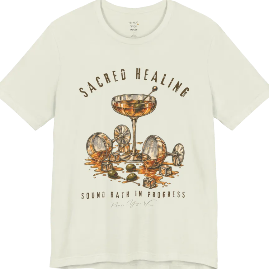 A grunge tee with an illustrated design of three cocktail glasses — one upright, two spilled with ice cubes and olives scattered — text reading "Sacred Healing" and "Sound Bath In Progress" — Funny Yoga Shirts collection by Ramro Yoga Wear in Citron.