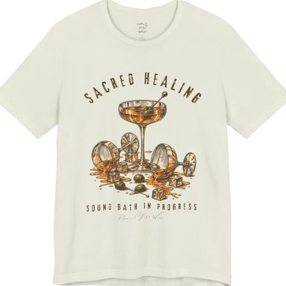 A grunge tee with an illustrated design of three cocktail glasses — one upright, two spilled with ice cubes and olives scattered — text reading "Sacred Healing" and "Sound Bath In Progress" — Funny Yoga Shirts collection by Ramro Yoga Wear in Citron.