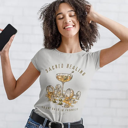 Person wearing the Sound Bath T-Shirt by Ramro Yoga Wear, Funny Yoga Shirts collection, in Heather Prism Natural.