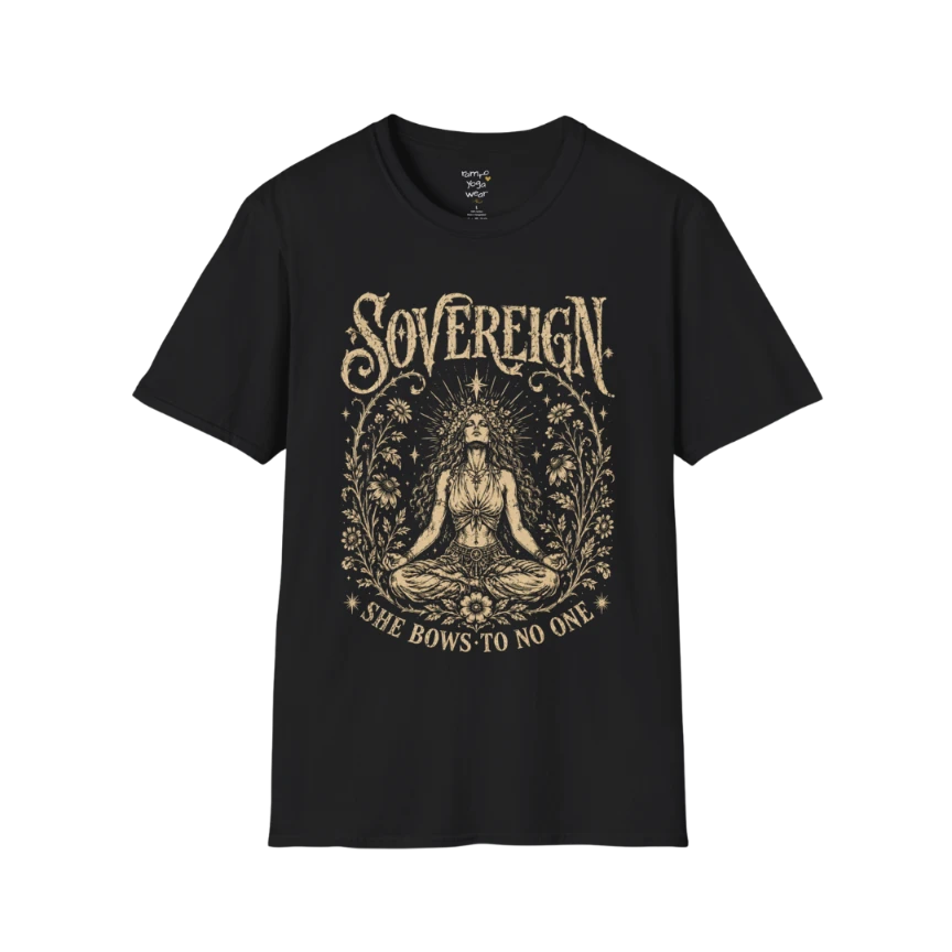 Black Sovereign T-Shirt featuring a vintage mystical meditation illustration with celestial detailing and empowering spiritual artwork.