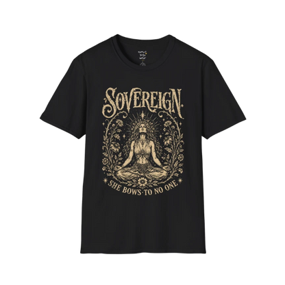 Black Sovereign T-Shirt featuring a vintage mystical meditation illustration with celestial detailing and empowering spiritual artwork.