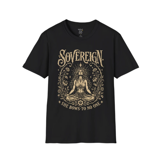Black Sovereign T-Shirt featuring a vintage mystical meditation illustration with celestial detailing and empowering spiritual artwork.