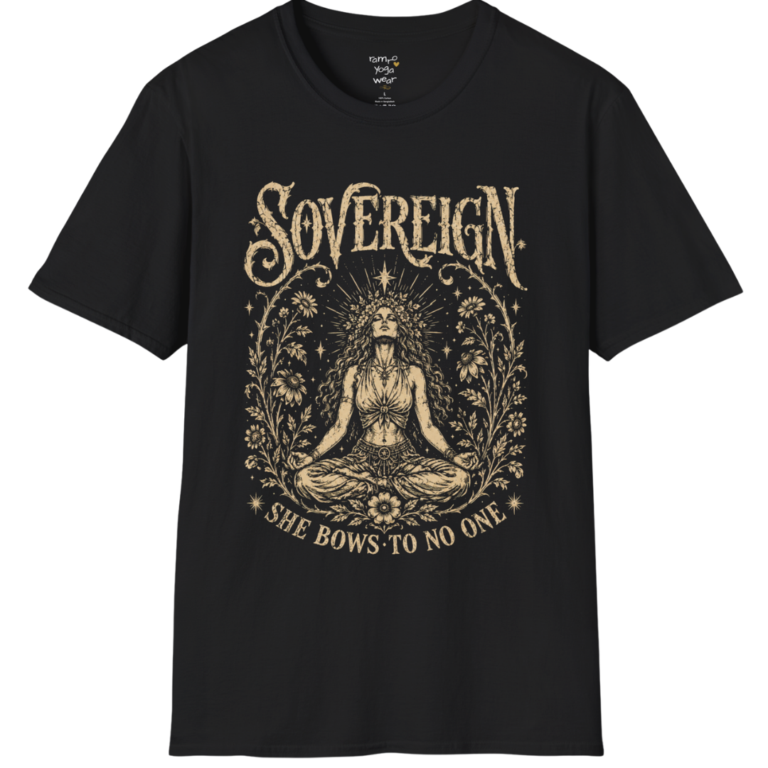Black Sovereign T-Shirt featuring a vintage mystical meditation illustration with celestial detailing and empowering spiritual artwork.