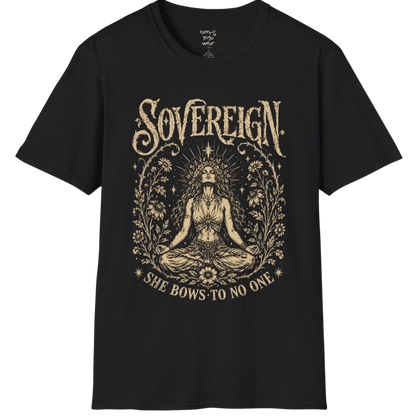Black Sovereign T-Shirt featuring a vintage mystical meditation illustration with celestial detailing and empowering spiritual artwork.