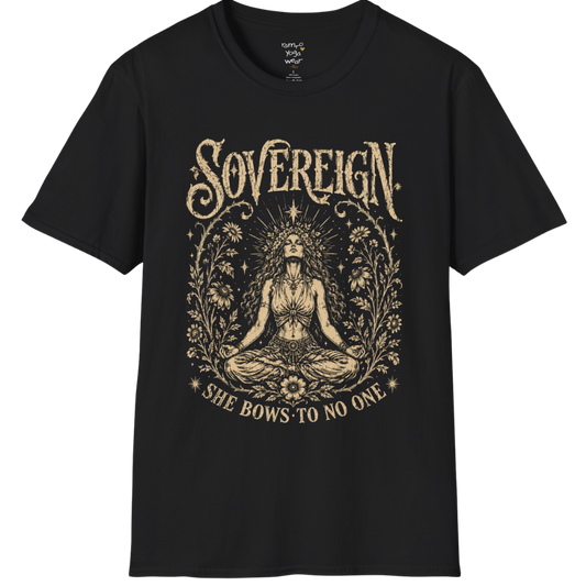 Black Sovereign T-Shirt featuring a vintage mystical meditation illustration with celestial detailing and empowering spiritual artwork.