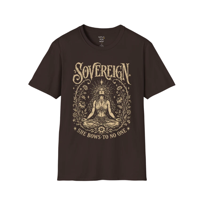 Dark Chocolate Sovereign T-Shirt with engraved-style spiritual artwork inspired by meditation, inner strength, and mindful living.