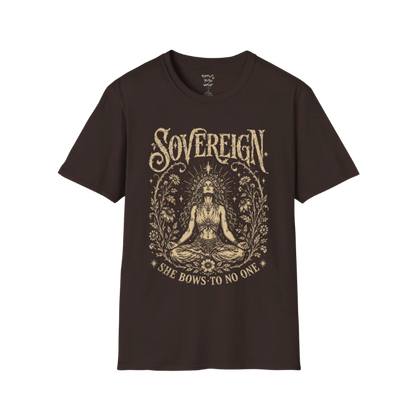 Dark Chocolate Sovereign T-Shirt with engraved-style spiritual artwork inspired by meditation, inner strength, and mindful living.