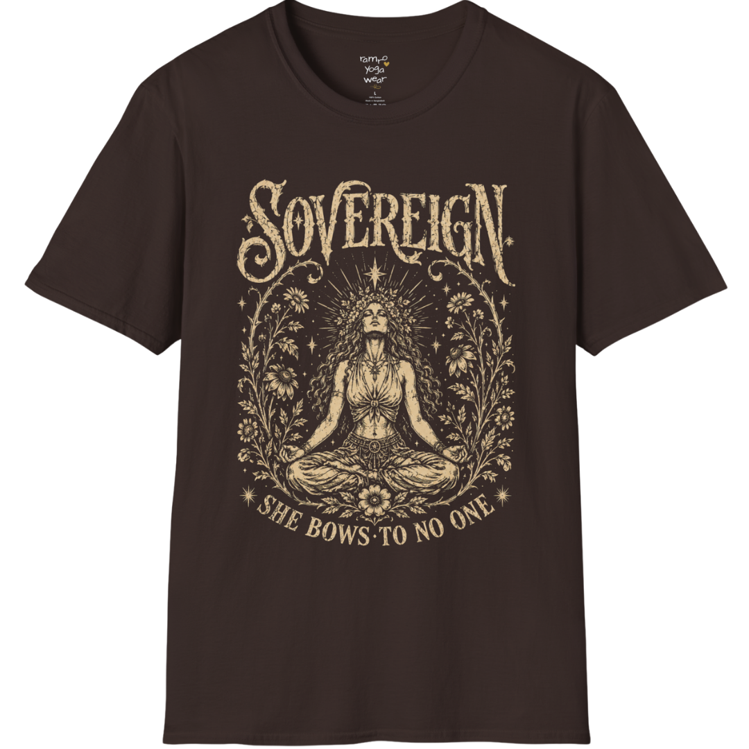 Dark Chocolate Sovereign T-Shirt with engraved-style spiritual artwork inspired by meditation, inner strength, and mindful living.